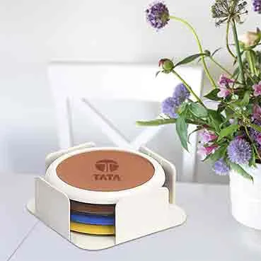 Customized Leather Finished Round Shape Coaster Set Of 4 With Stand